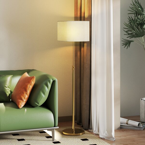 HOMCOM Floor Lamp with Remote, Height Adjustable Standing Lamp with Linen Shade, Dimmable with 3000K-6000K Adjustable Colour Temperatures, Foot Switch for Living Room Bedroom Office, Gold Tone