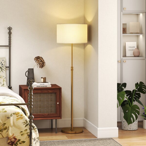 HOMCOM Floor Lamp with Remote, Height Adjustable Standing Lamp with Linen Shade, Dimmable with 3000K-6000K Adjustable Colour Temperatures, Foot Switch for Living Room Bedroom Office, Gold Tone