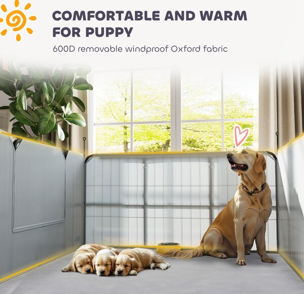 PawHut Steel Dog Whelping Box with Washable Whelping Pad, Wind-Resistant Cloth, for Small, Medium Dogs, 122 x 122 x 60cm