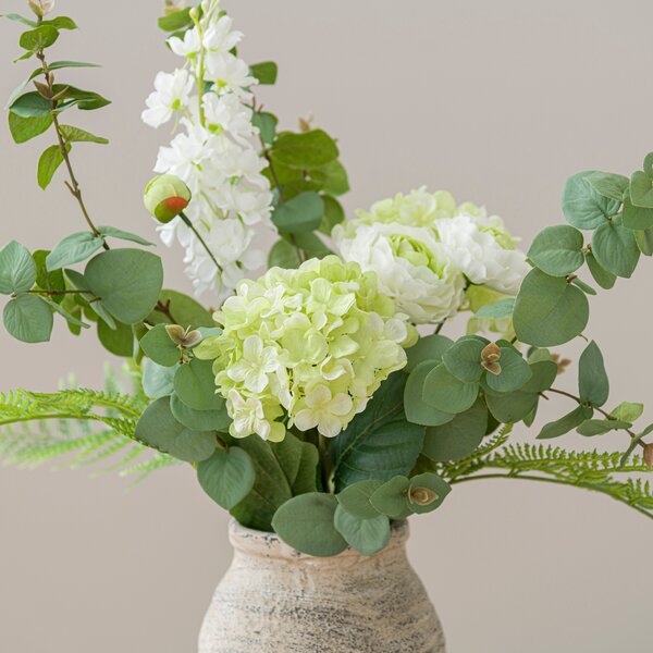 Artificial Green Hydrangea & Eucalyptus in Washed Grey Resin Vase