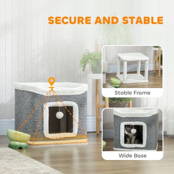 PawHut Cat House for Indoor Kittens, 2-Level Cat Cave Bed with Fluffy Balls, Top Bed, Kitten Barrel for Multi Kitties, Grey