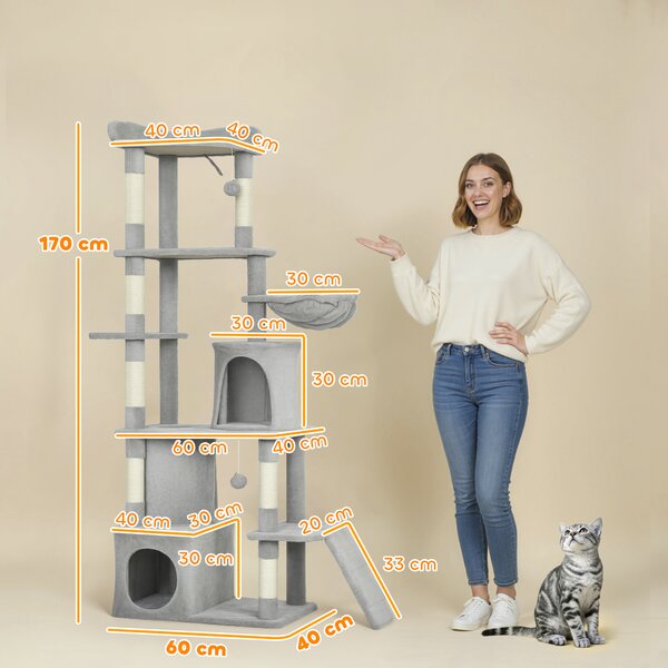 PawHut 170 cm Large Cat Tree, Cat Tower with 7 Scratching Posts, Tunnel, 2 Condos, Hammock, Perch, Ramp, Pompoms, Light Grey