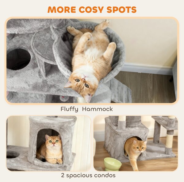 PawHut 170 cm Large Cat Tree, Cat Tower with 7 Scratching Posts, Tunnel, 2 Condos, Hammock, Perch, Ramp, Pompoms, Light Grey