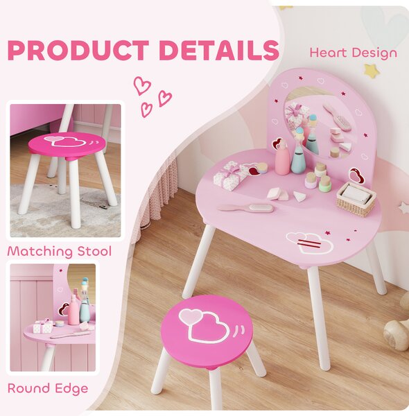 AIYAPLAY Kids Dressing Table with Mirror and Stool, Girls Vanity Set for Kids Room, Bedroom, Nursery, for Ages 3–6 Years, Pink