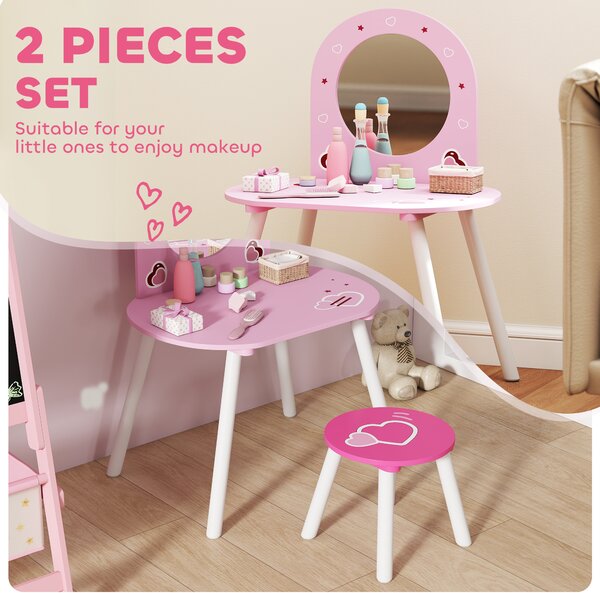 AIYAPLAY Kids Dressing Table with Mirror and Stool, Girls Vanity Set for Kids Room, Bedroom, Nursery, for Ages 3–6 Years, Pink