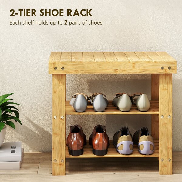 HOMCOM 3-Tier Bamboo Shoe Storage Bench - Nature Wood Finish