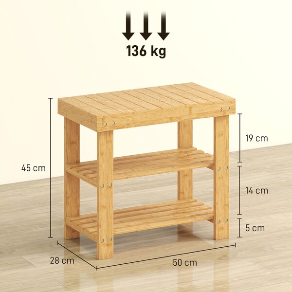 HOMCOM 3-Tier Bamboo Shoe Storage Bench - Nature Wood Finish