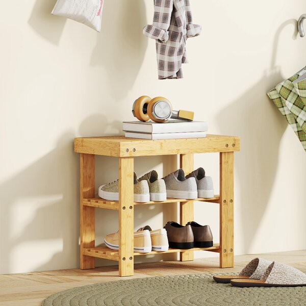 HOMCOM 3-Tier Bamboo Shoe Storage Bench - Nature Wood Finish