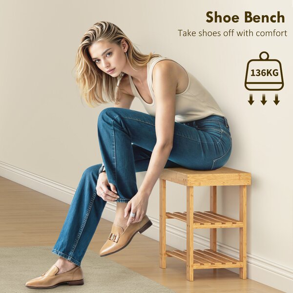 HOMCOM 3-Tier Bamboo Shoe Storage Bench - Nature Wood Finish