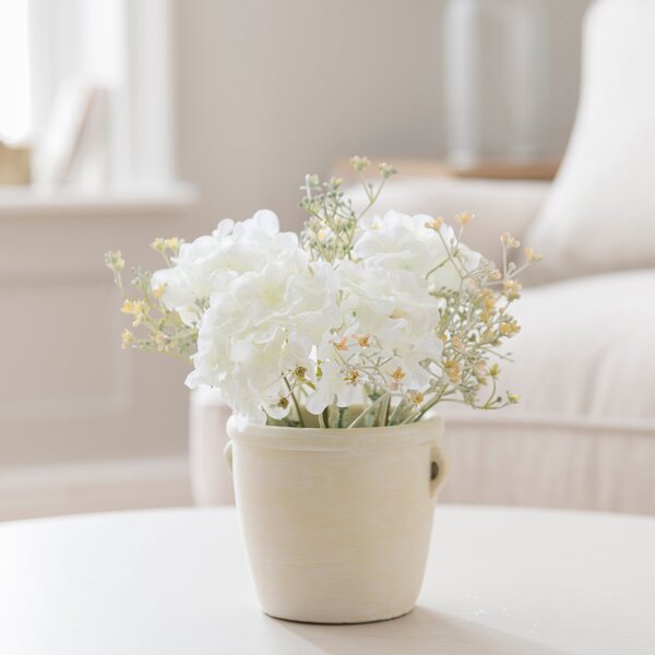 Artificial Cream Hydrangea Bouquet in Washed Grey Cement Handle Vase