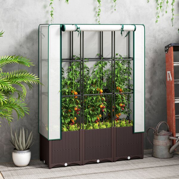 Outsunny Raised Garden Bed with Trellis, Plastic Planter Box with Drainage Holes and Drain Plugs for Vegetables, Flowers, 120 x 40 x 140cm