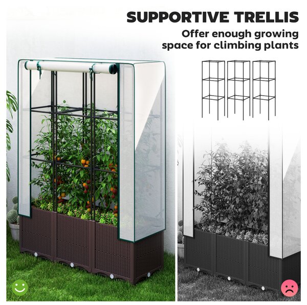 Outsunny Raised Garden Bed with Trellis, Plastic Planter Box with Drainage Holes and Drain Plugs for Vegetables, Flowers, 120 x 40 x 140cm