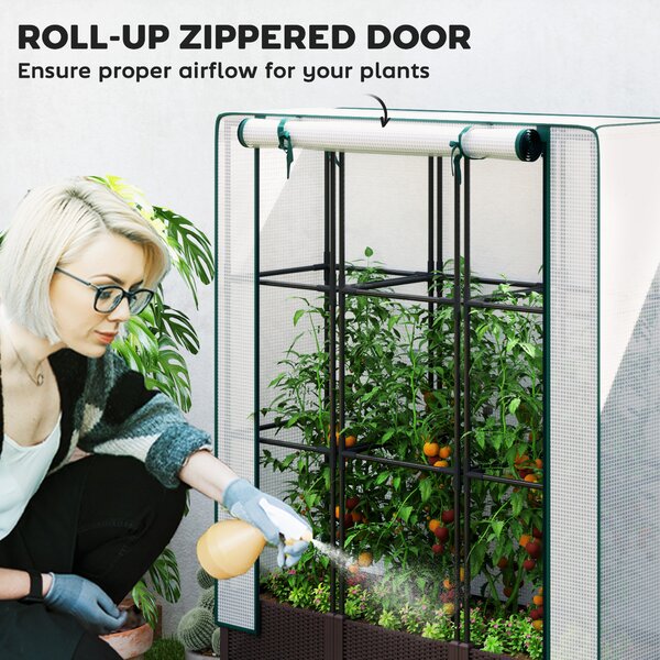 Outsunny Raised Garden Bed with Trellis, Plastic Planter Box with Drainage Holes and Drain Plugs for Vegetables, Flowers, 120 x 40 x 140cm
