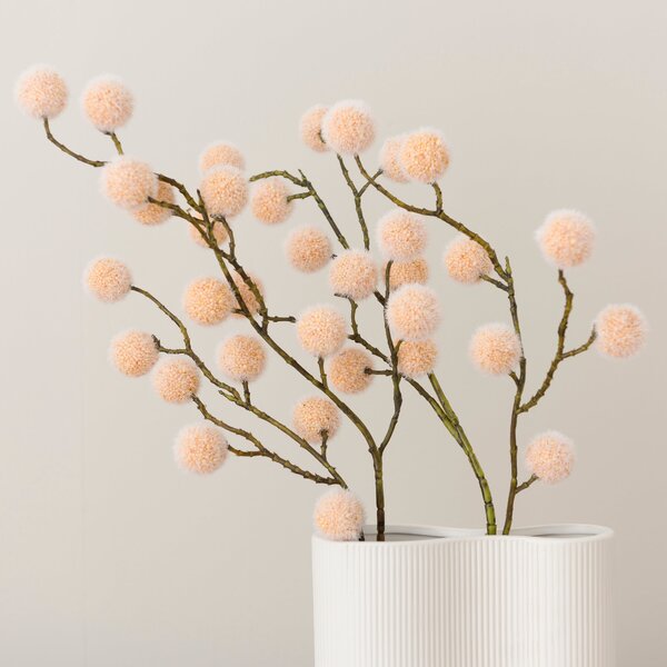 Artificial Natural Pom Poms in Ribbed White Ceramic Vase