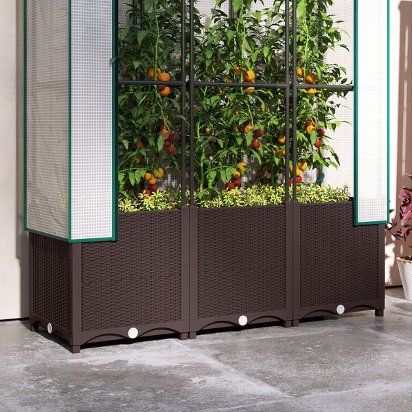Outsunny Raised Garden Bed with Trellis, Plastic Planter Box with Drainage Holes and Drain Plugs for Vegetables, Flowers, 120 x 40 x 140cm