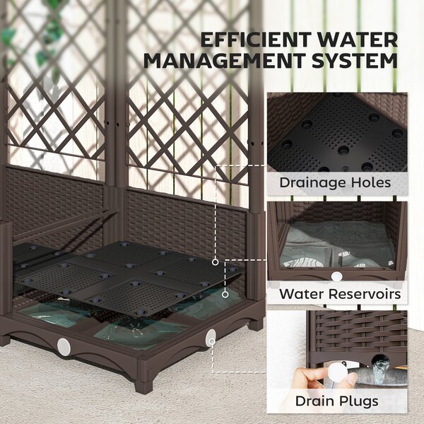 Outsunny Raised Garden Bed with Trellis, Plastic Planter Box with Drainage Holes and Drain Plugs for Climbing Plants, Vegetables, Flowers, Brown