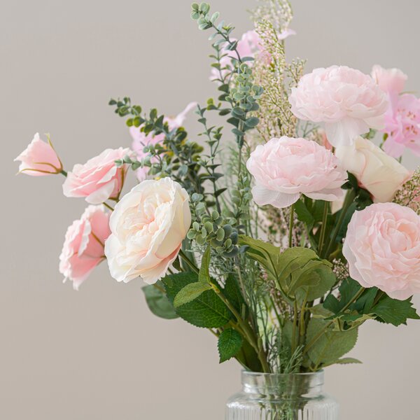 Artificial Peony Bouquet in Ribbed Glass Vase