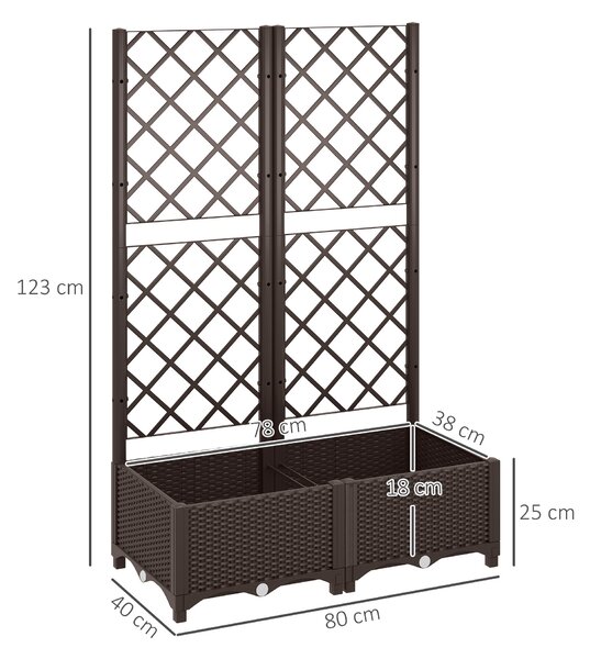 Outsunny Raised Garden Bed with Trellis, Plastic Planter Box with Drainage Holes and Drain Plugs for Climbing Plants, Vegetables, Flowers, Brown