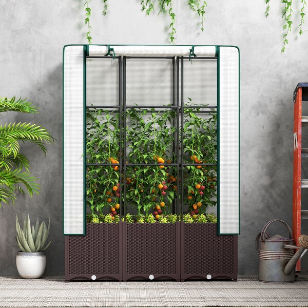 Outsunny Raised Garden Bed with Trellis, Plastic Planter Box with Drainage Holes and Drain Plugs for Vegetables, Flowers, 120 x 40 x 140cm