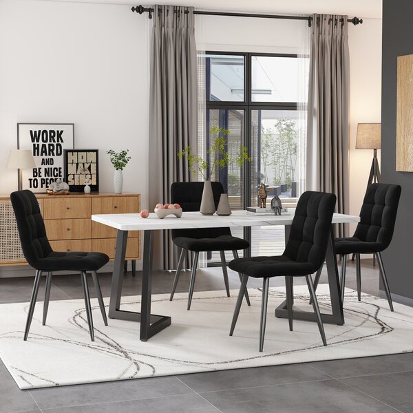 Modern Rectangular Marble Coffee Table with Metal Legs, Kitchen Table for Dining Room,V-shaped Support Legs, 117x68x75 cm, White/Black Aosom UK