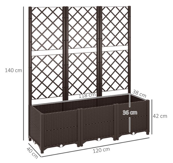 Outsunny Raised Garden Bed with Trellis, Plastic Planter Box with Drainage Holes and Drain Plugs for Climbing Plants, Vegetables, Flowers, Brown