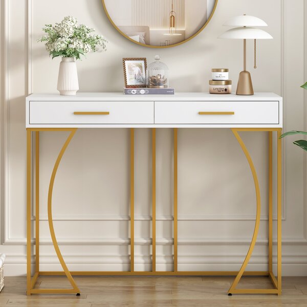 Console Table with 2 Drawers and Adjustable Legs, Light Modern Entryway Table with Metal Frame & Gold-plated Handle, 2 Drawers, 120x38x76 cm, White Aosom UK