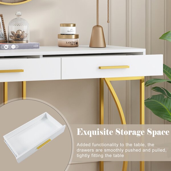 Console Table with 2 Drawers and Adjustable Legs, Light Modern Entryway Table with Metal Frame & Gold-plated Handle, 2 Drawers, 120x38x76 cm, White Aosom UK