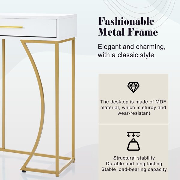 Console Table with 2 Drawers and Adjustable Legs, Light Modern Entryway Table with Metal Frame & Gold-plated Handle, 2 Drawers, 120x38x76 cm, White Aosom UK
