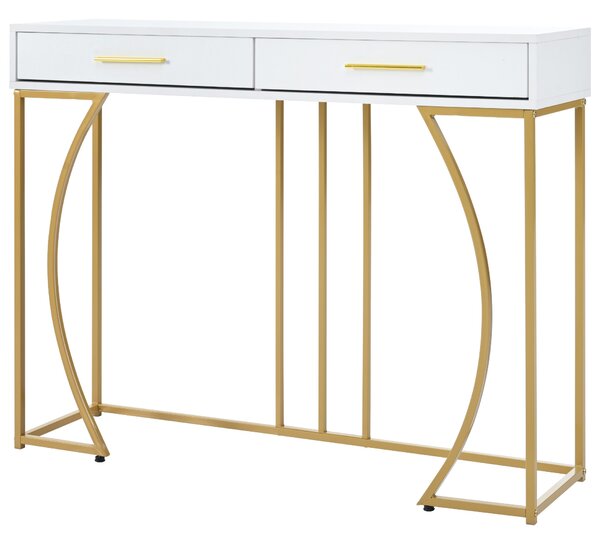 Console Table with 2 Drawers and Adjustable Legs, Light Modern Entryway Table with Metal Frame & Gold-plated Handle, 2 Drawers, 120x38x76 cm, White Aosom UK