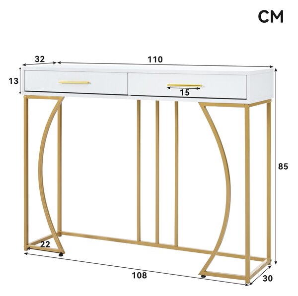 Console Table with 2 Drawers and Adjustable Legs, Light Modern Entryway Table with Metal Frame & Gold-plated Handle, 2 Drawers, 120x38x76 cm, White Aosom UK