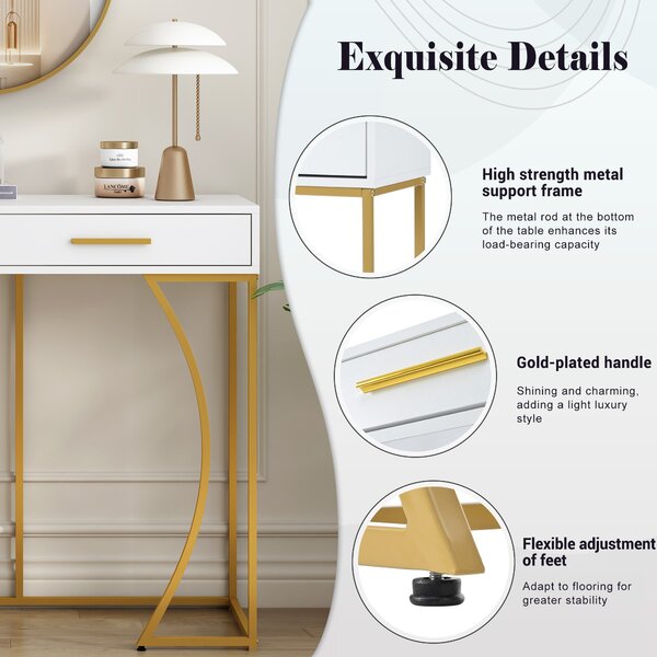 Console Table with 2 Drawers and Adjustable Legs, Light Modern Entryway Table with Metal Frame & Gold-plated Handle, 2 Drawers, 120x38x76 cm, White Aosom UK