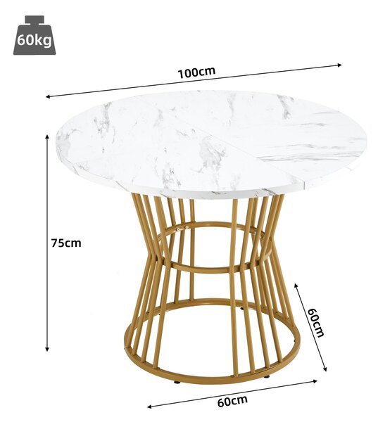 Modern Round Dining Table with MDF Marble Pattern Top, Sturdy Metal Frame, Perfect for Dining, Working, 100L x 100W x 75H cm, Gold+White Aosom.UK