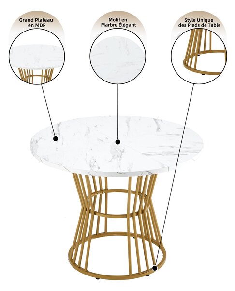 Modern Round Dining Table with MDF Marble Pattern Top, Sturdy Metal Frame, Perfect for Dining, Working, 100L x 100W x 75H cm, Gold+White Aosom.UK