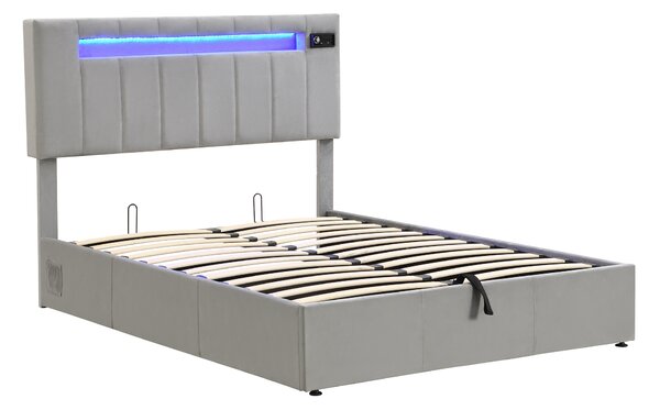 Upholstered Hydraulic Double Sofa Bed with Bluetooth Stereo, USB Ports, Storage Pockets, and LED Light Strips, 198x150x120 cm, Gray Aosom.UK