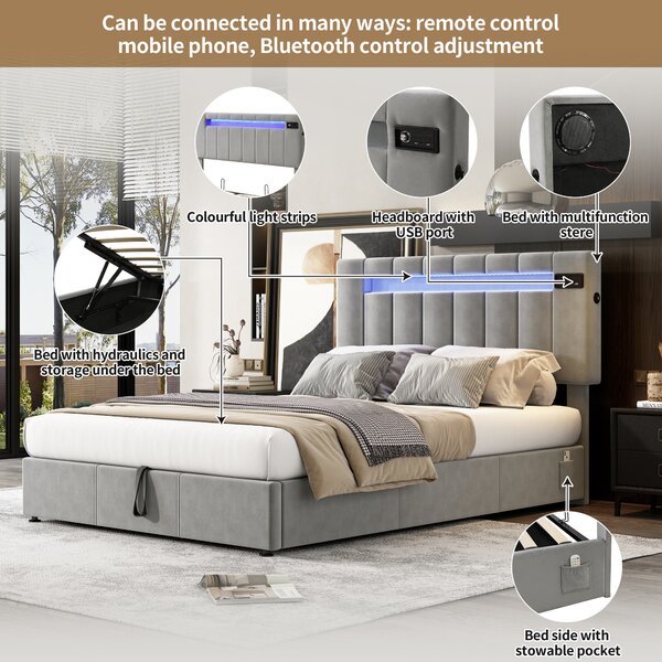 Upholstered Hydraulic Double Sofa Bed with Bluetooth Stereo, USB Ports, Storage Pockets, and LED Light Strips, 198x150x120 cm, Gray Aosom.UK