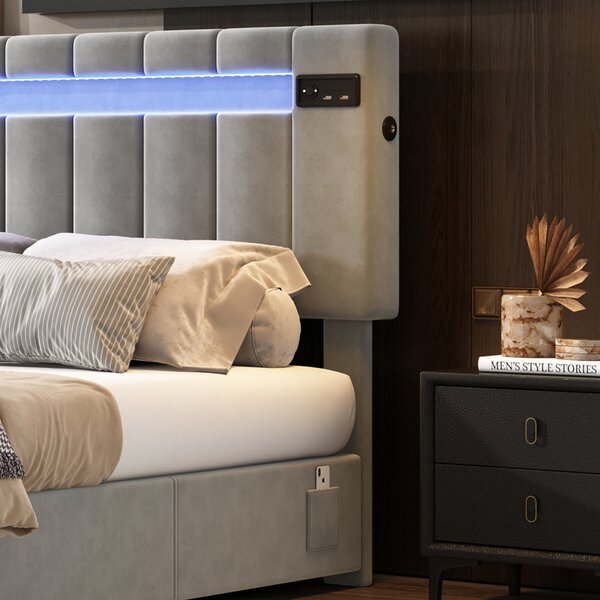 Upholstered Hydraulic Double Sofa Bed with Bluetooth Stereo, USB Ports, Storage Pockets, and LED Light Strips, 198x150x120 cm, Gray Aosom.UK