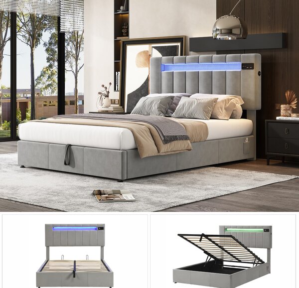 Upholstered Hydraulic Double Sofa Bed with Bluetooth Stereo, USB Ports, Storage Pockets, and LED Light Strips, 198x150x120 cm, Gray Aosom.UK