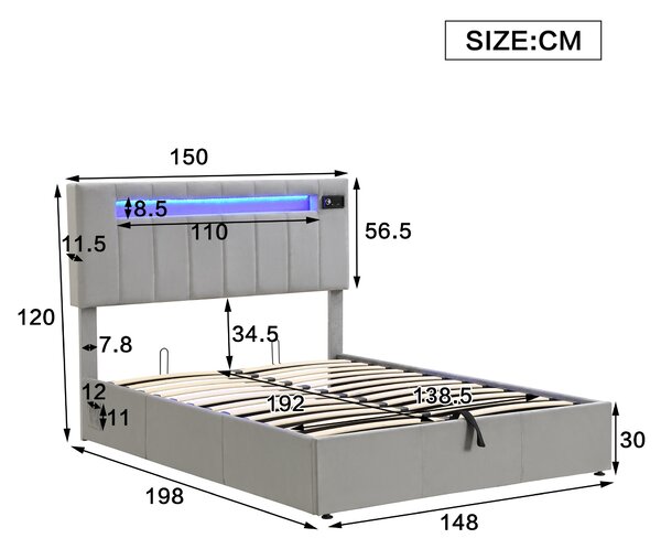 Upholstered Hydraulic Double Sofa Bed with Bluetooth Stereo, USB Ports, Storage Pockets, and LED Light Strips, 198x150x120 cm, Gray Aosom.UK