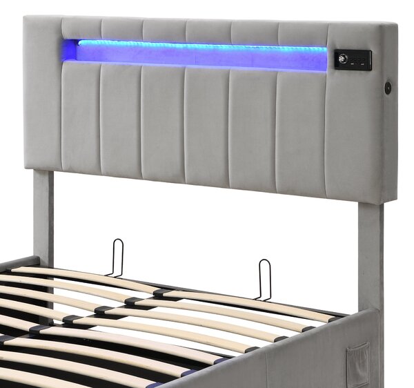 Upholstered Hydraulic Double Sofa Bed with Bluetooth Stereo, USB Ports, Storage Pockets, and LED Light Strips, 198x150x120 cm, Gray Aosom.UK