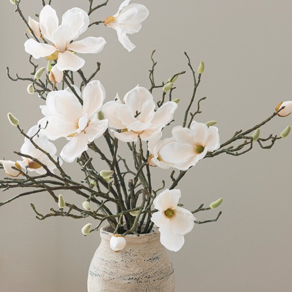 Artificial White Magnolia in Washed Grey Resin Vase