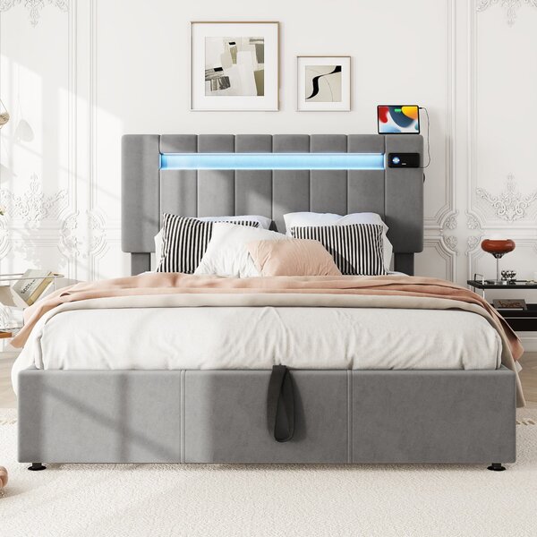 Upholstered Hydraulic Double Sofa Bed with Bluetooth Stereo, USB Ports, Storage Pockets, and LED Light Strips, 198x150x120 cm, Gray Aosom.UK