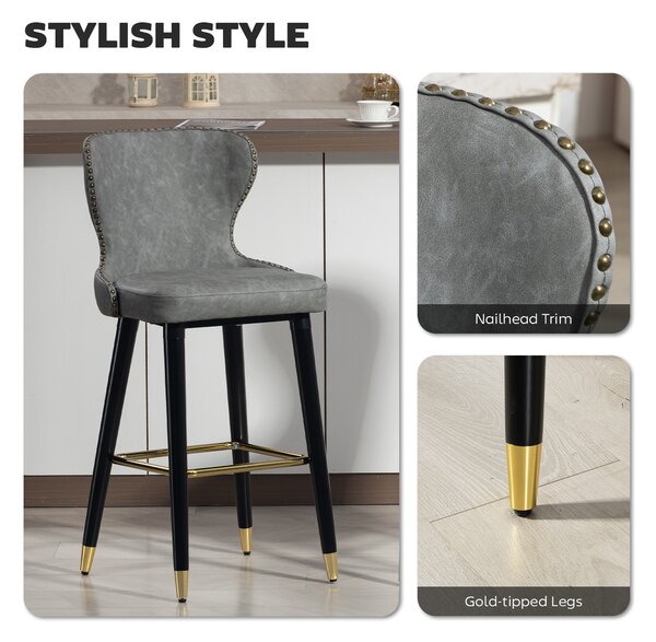 HOMCOM Bar Stools Set of 2, PU Leather Barstools with Back, Footrest and Wood Legs for Kitchen, Counter, Breakfast Bar, Grey
