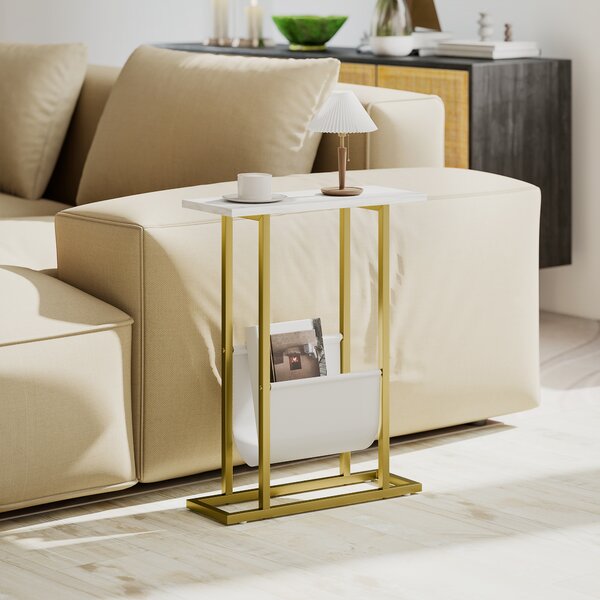 HOMCOM Narrow Side Table, End Table with Magazine Holder, Nightstand for Small Spaces, Living Room, Bedroom, White Marble Grain