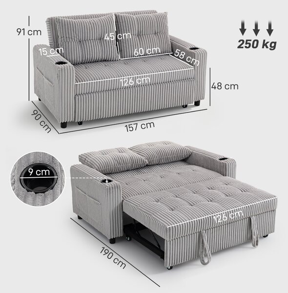 HOMCOM 2 Seater Click Clack Sofa Bed with Pull Out Design, Corduroy Upholstery, Light Grey Aosom UK