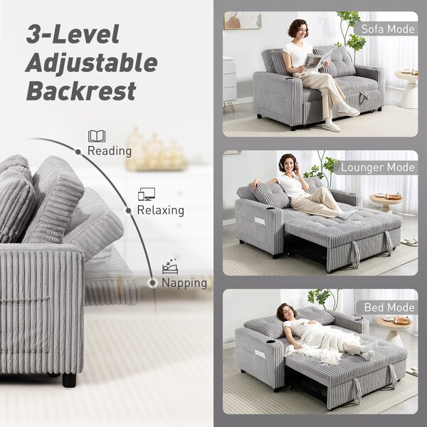 HOMCOM 2 Seater Click Clack Sofa Bed with Pull Out Design, Corduroy Upholstery, Light Grey Aosom UK