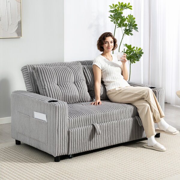 HOMCOM 2 Seater Click Clack Sofa Bed with Pull Out Design, Corduroy Upholstery, Light Grey Aosom UK