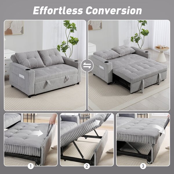 HOMCOM 2 Seater Click Clack Sofa Bed with Pull Out Design, Corduroy Upholstery, Light Grey Aosom UK