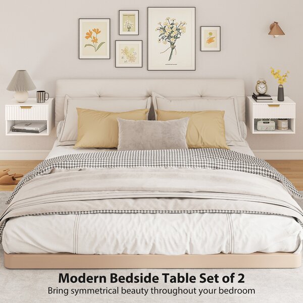 HOMCOM Floating Nightstands Set of 2, Modern Wall Mounted Bedside Tables with Fluted Drawer and Open Shelf for Bedroom, White