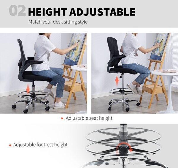 HOMCOM Draughtsman Chair, with Adjustable Lumbar - Black