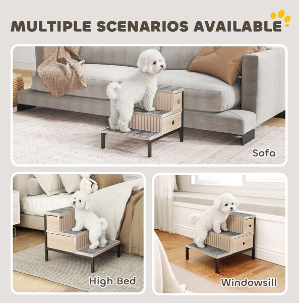 PawHut Dog Stairs with Storage, Non-Slip Cover, Pet Steps for Small Dogs & Older Cats, for Sofa, High Bed, Oak Tone